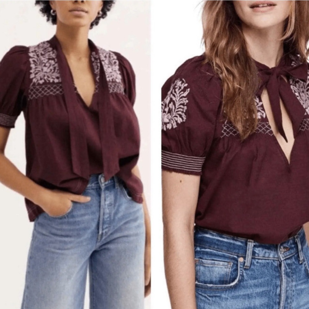 Free People Dreaming About You Burgundy Embroidered Peasant Blouse Size XS